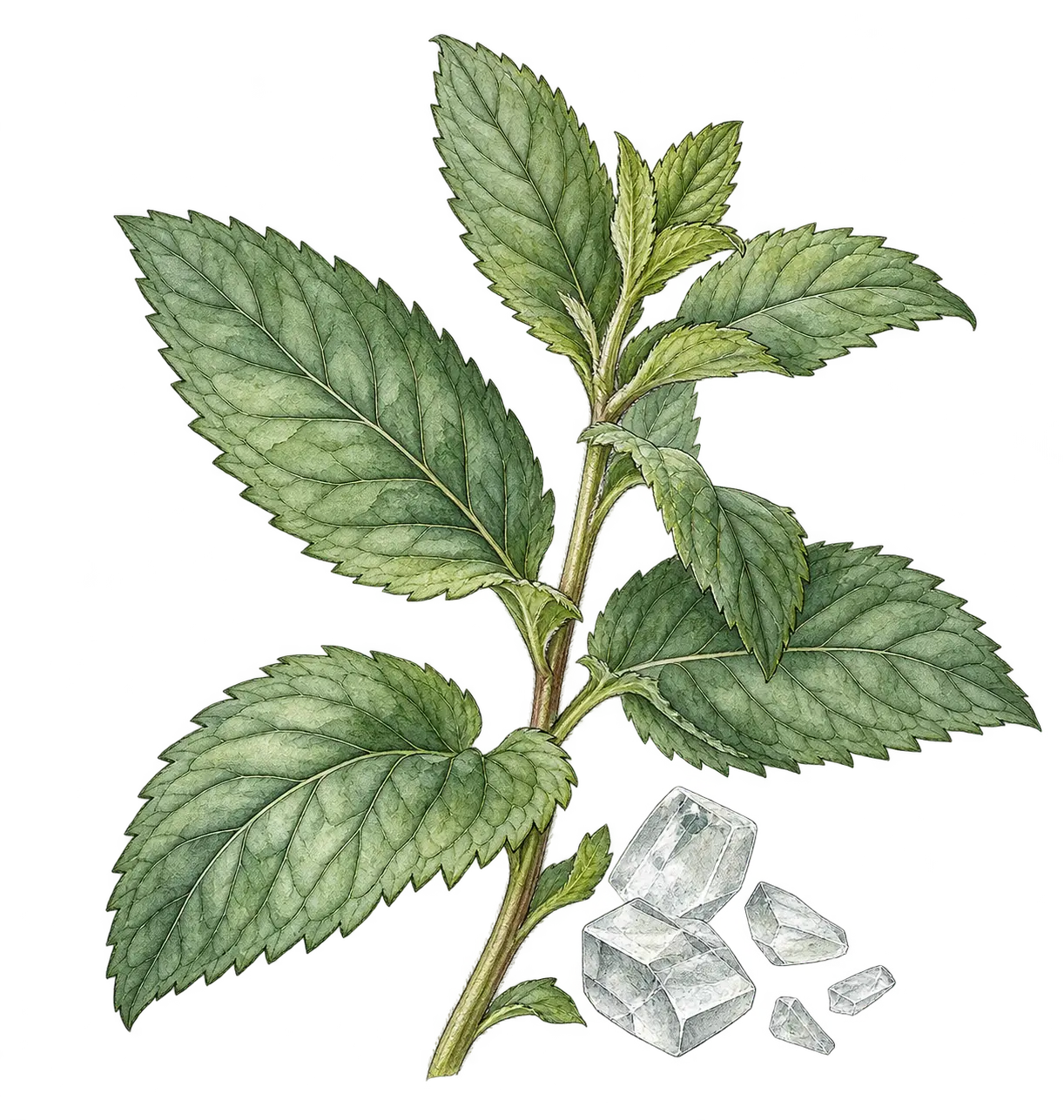 Illustration of peppermint leaves beside clear menthol crystals