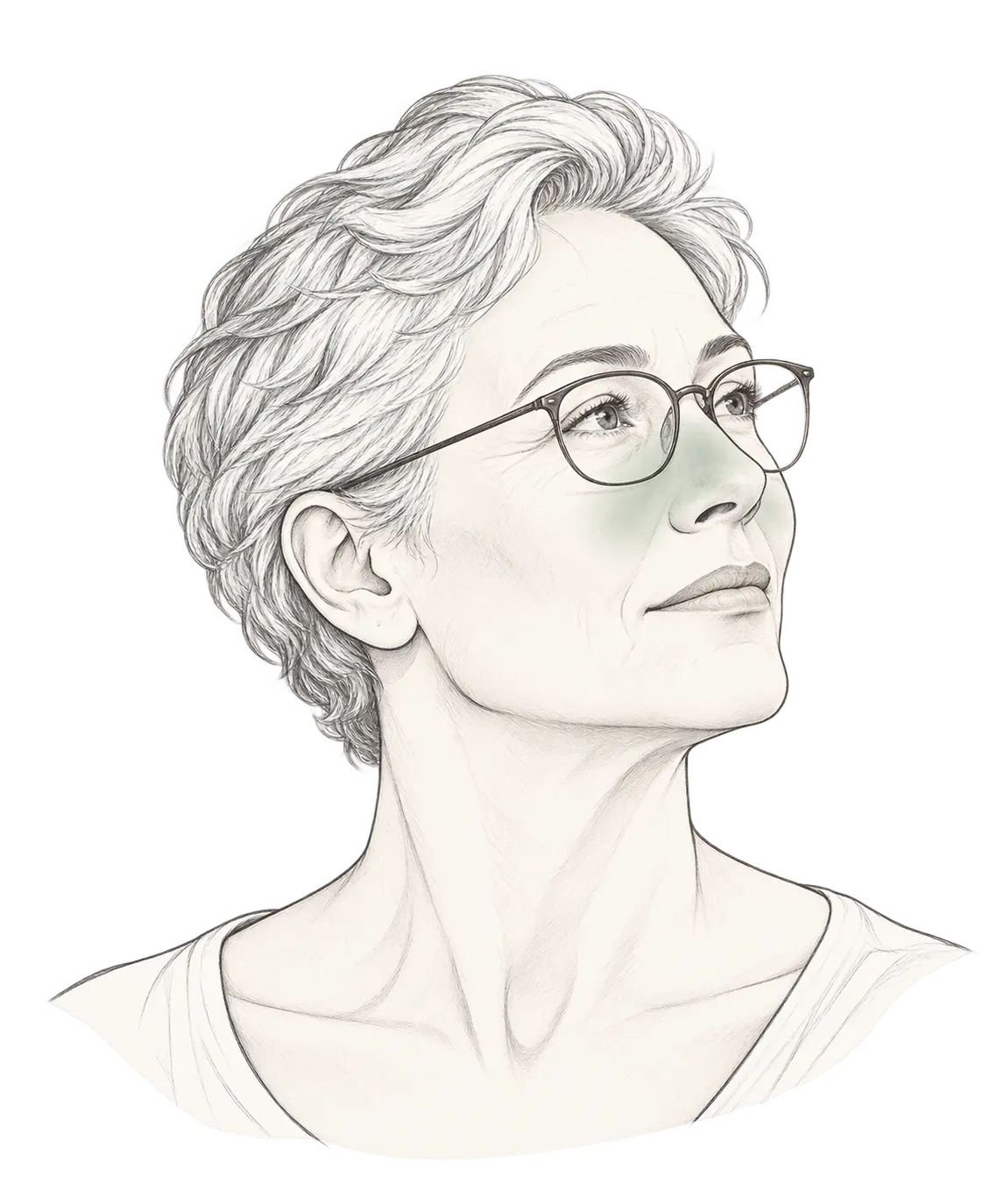 Line illustration of an older adult with a soft wash around the nasal area